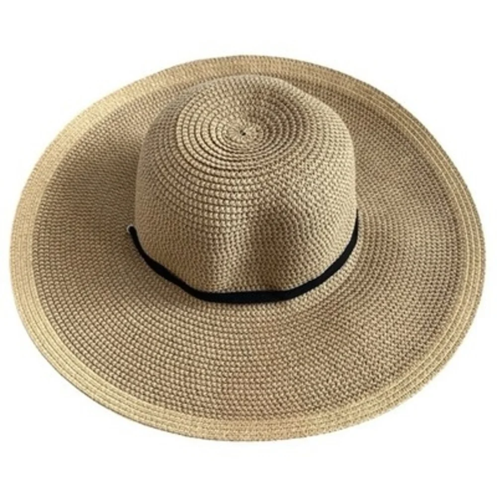 Smith & Hawken Wide Brim Straw Sun Hat Black Ribbon Chin Cord Natural Tan VG